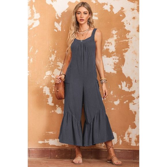 Azura Exchange  Gray Wide Leg Ruffle Jumpsuit - Picture 1 of 15